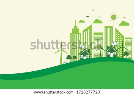 save energy the world development. environmental and ecology concept. vector illustration banner flat design. green city in landscape background. copy space for text input.  Сток-фото © 