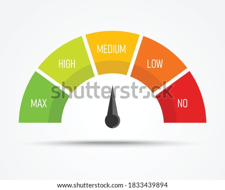 Rating meter infographic with 5 step. Energy level meter dial. vector illustration modern flat design. max,high,medium,low,no speed gauge symbol.Test internet speed sign. isolated on white background.