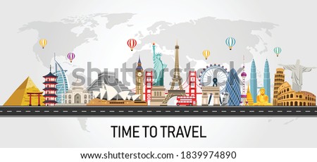 around the world with map. time to travel concept. Road trip. Big set of famous landmarks of the world. vector illustration in flat style modern design. 