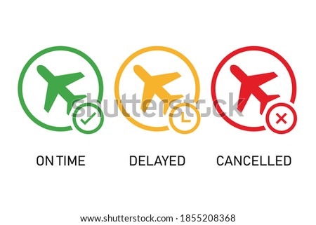 Flight status icons. on time, delayed, cancelled flight symbol. vector illustration in flat style modern design. isolated on white background.