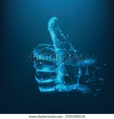 Thumb up hand low poly wireframe onblue dark background. Abstract of a hand like from particles, lines and triangles. business and technology concept. vector illustration in flat style modern design.