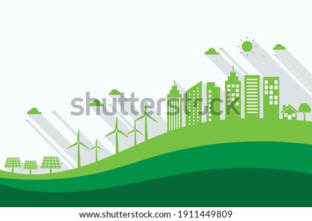 green ecology and cityscape background. ecology and sustainable poster banner. copy space for text input. vector illustration in flat style modern design.  world environment day concept.