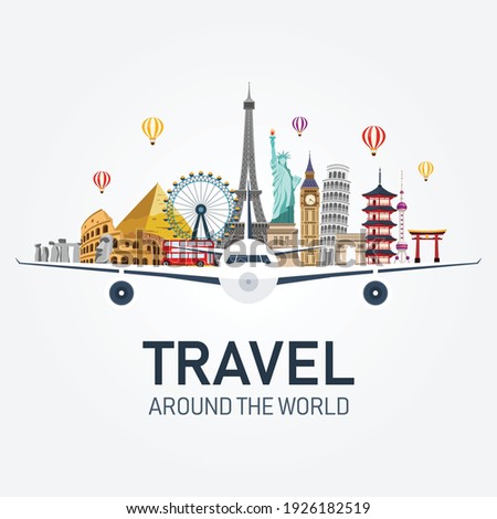 airplane and time to travel banner. travel around the world. buildings and landmarks on plane. vector illustration in flat style modern design. isolated on white background.