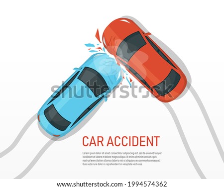 Car crash accident on road top view. car insurance concept. vector illustration in flat style modern design. isolated on white background.