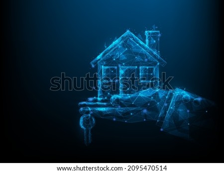 holding in hand house low poly wireframe. Rental and sale of real estate. finance
and investment. consisting of dots, lines, and shapes. isolated on blue dark background. vector illustration.