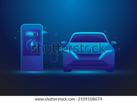 electric car charging station. vehicle charging by mobile phone. isolated on blue dark background. ev car concept. vector illustration technology. front view.