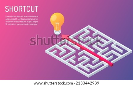 business shortcut maze to goal. red arrow route break out of labyrinth. problem solving and solution concept. copy space for text. vector illustration isometric design. 