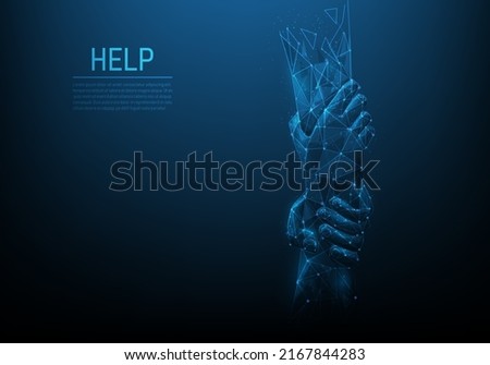 hand help low poly wireframe isolated blue dark background. two human with lines and dots. business teamwork and partners. support and hope concept. vector illustration futuristic technology digital.