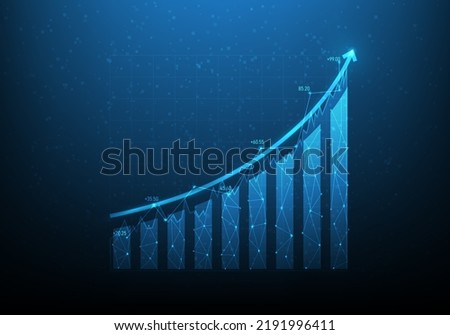 business investment planning graph to success. business stair to goal achievement. vector illustration digital fantastic design. on blue dark background. consists of dot,line and triangle low poly.