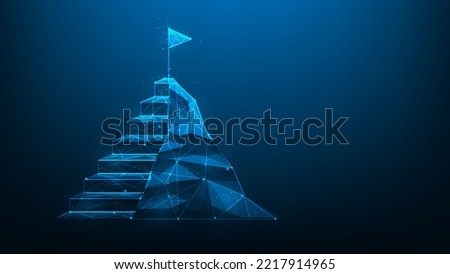 business stair mountain goal achievement digital on blue dark background. staircase step to target success. Strategy for working to successful. flag on peak. vector illustration digital fantastic.