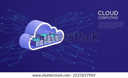 3d cloud server digital technology on blue dark background. isometric data storage online network. information database devices. Computer upload download communication. vector illustration.