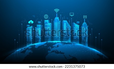 smart city building technology on global. network connection and intelligent city on blue dark background. vector illustration fantastic hi tech. iot digital transformation.internet of things concept.