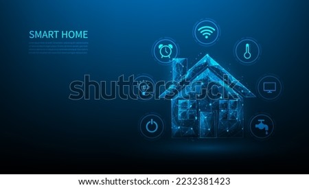 smart home internet of things on blue dark background. home control system and technology icons. house control device. vector illustration fantastic hi tech design. iot automation concept.
