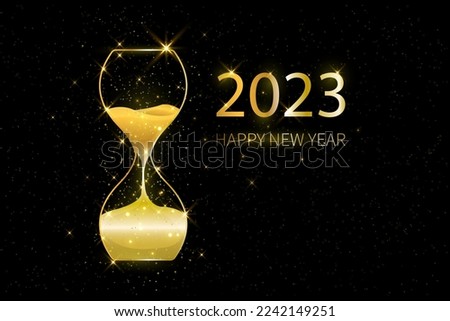 2023 countdown with hourglass on dark background. happy new year 2023 greetings. golden light shiny on watch. vector illustration design.