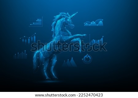unicorn startup business technology to success with icon graph. business achievement low poly wireframe. creative idea and innovation company.concept of venture capital to wealth. vector illustration.