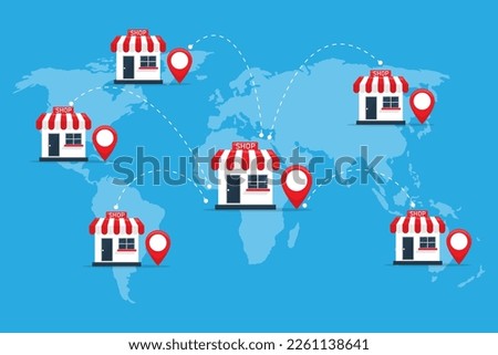 franchise business store shop in the world. investment expand with location world map. open new branch shop. vector illustration flat design.