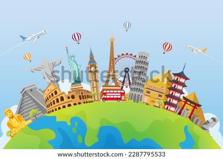 travel and tourism landmark around the world.  Tourism and road trip concept. Journey in vacation. vector illustration flat background.