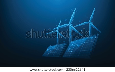 solar cell and wind turbine technology low poly wireframe on blue background. renewable energy sources digital concept. clean energy systems. vector illustration fantastic hi tech design. 