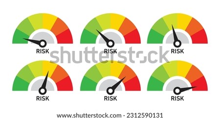 risk level speedometer symbol set on white background. dial indicator low medium and high. vector illustration flat design.