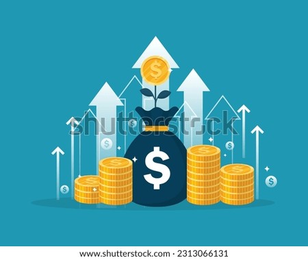 business investment arrow up with bag money. save money tree and arrow up. profit income chart increase. trend growing stock market. vector illustration flat design.