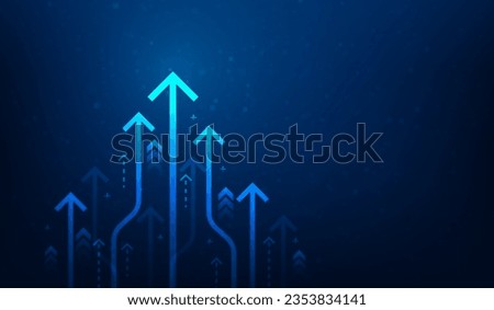 business achievement arrow up strategy to success on blue background. income profit and investment growth. stock market trading graph. vector illustration fantastic low poly design.