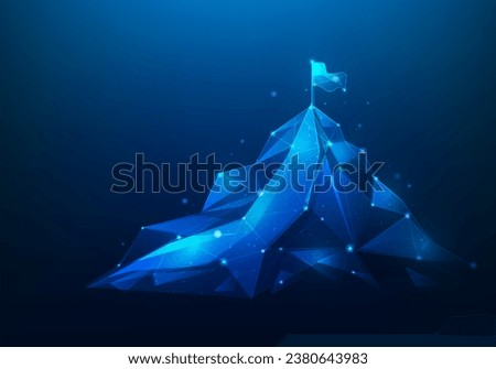 business mountain achievement strategy to success digital technology on blue background. path goal target and flag on top. route mission complete. vector illustration  low poly fantastic design.