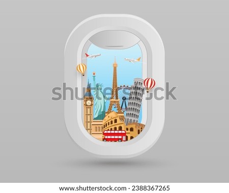 window plane and famous landmark building around the world. travel tourism airplane. airlines travel in europe. vector illustration design. trip in vacation.