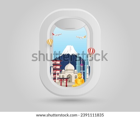 window plane and famous landmark travel asia world on white background. travel tourism airplane. vector illustration design. trip in vacation.