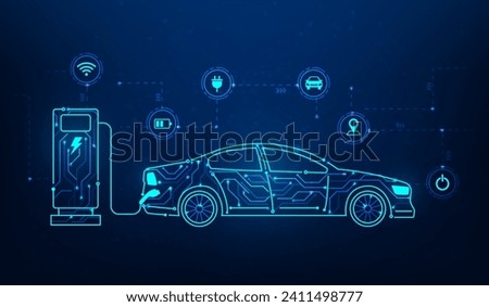 car electric vehicle technology digital circuit on blue background. ev car concept.automobile charging device station with icon element. alternative sustainable transport. vector illustration hi-tech.