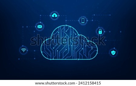 cloud computing information technology circuit with icon on blue background. data storage service online. cloud network transfer connection. vector illustration hi-tech line and dot concept.