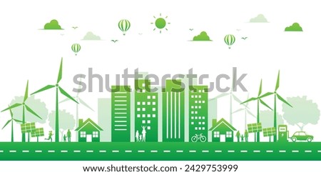 green city ecology environment and renewable energy on white background. lanscape sustainable building solar panel and wind turbine. save the world with eco-friendly. vector illustration flat.