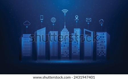 smart city technology digital network connection on blue background. internet of things in town with icon. big data connection society. vector illustration fantastic hi-tech design.