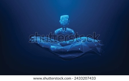 human resources (hr) with hand hold employees icon on blue background. recruitment and hiring online digital technology. vector illustration fantastic low poly wireframe design. 