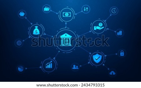 banking and finance transaction online digital technology with icon on blue background. money exchange transfer. economic market network connection. vector illustration fantastic digital design.