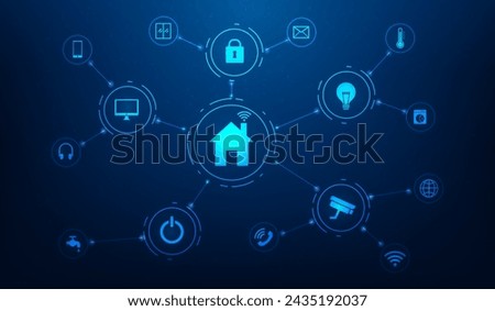 smart home internet of thing icon line connect on blue background. home automation digital technology control devices. vector illustration fantastic digital design.