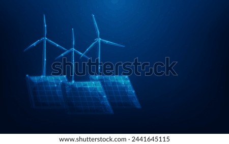 Renewable energy solar panel and wind turbine lowpoly wireframe technology background. vector illustration fantastic digital design. sustainable ecology concept.