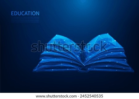 3d open book, education and knowledge on blue background. online learning digital low poly wireframe. vector illustration fantastic design.