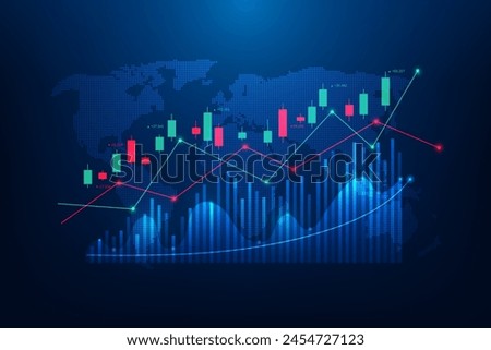 finance economy graph growth trading on global map blue background. chart arrow stock market up and down technology digital. business investment money profit. vector illustration fantastic design.