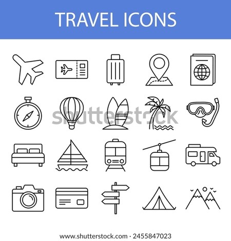 travel and tourism outline icon set isoleted on white background. vector illustration flat design. vacation holiday thin line style.