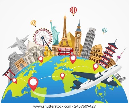 plane travel and landmark world on white background. time to travel banner. tourism trip concept. journey in vacation. vector illustration flat design.