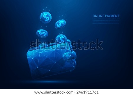 wallet and coin money payment technology low poly wireframe. cashback money refund. online banking transfer.vector illustration fantastic design.