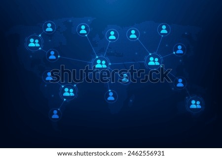 social network connection and communication people icon on blue dark background. global internet technology on map. human resources digital. vector illustration digital fantastic design.