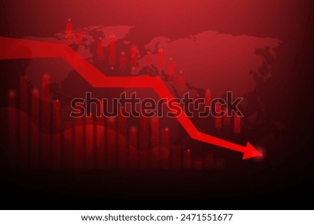 Drop down red arrow business market crisis on world map red dark background. Crisis economy and investment loss graph. vector illustration fantastic design.