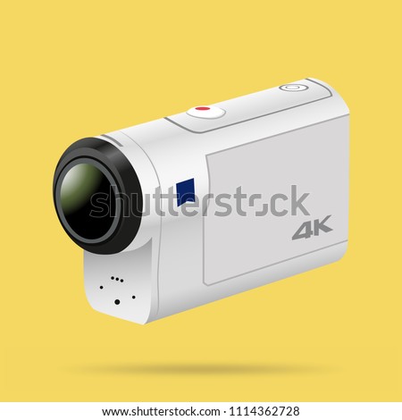 Action camera logo design on the yellow background. 4k action cam sign. Vlog camera for blogging. Small video camera.