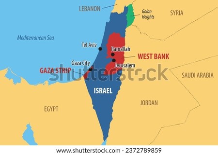 Vector map of Israel and Palestine, showing the areas of the West Bank and the Gaza strip