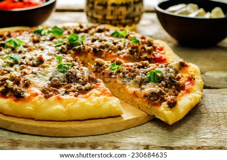 pizza with meat, mozzarella and oregano on a light woody background. tinting. selective focus