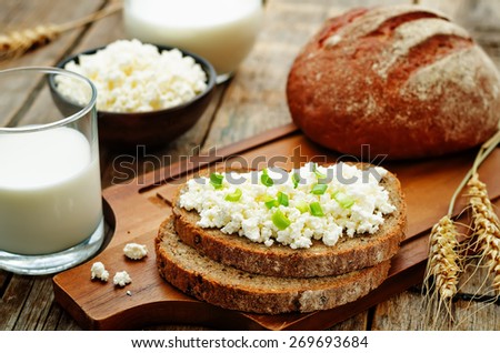 healthy Breakfast with whole grain rye bread, cottage cheese and milk. the toning. selective focus