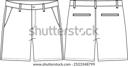 Men woven chino short modern fit with slash pockets and back welt pockets, belt loops, fly closure with button on waistband, sketch vectors front and back