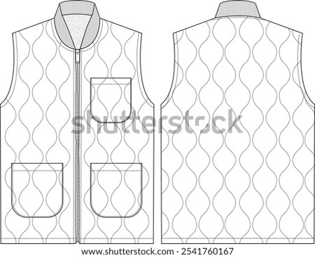 Men quilted nylon Vest, sherpa lined, patch pockets, Ribbed knit collar, sketch front and back