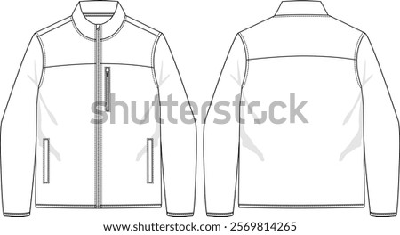 Men full zip jacket long sleeves, boxy fit, Elasticized binding at sleeve and body hem, funnel neck, zipper chest pocket on wearer left side, hand welt pockets, yoke at front and back, front and back